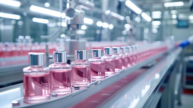 Photo cosmetic bottles on production factory