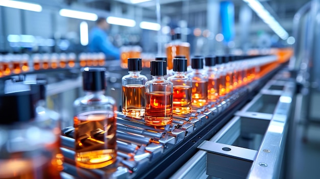 Cosmetic bottles on production factory