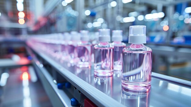 Photo cosmetic bottles on production factory