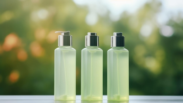 Cosmetic bottles template on green bokeh background