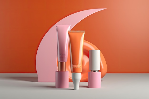 Cosmetic bottles on white table and orange background