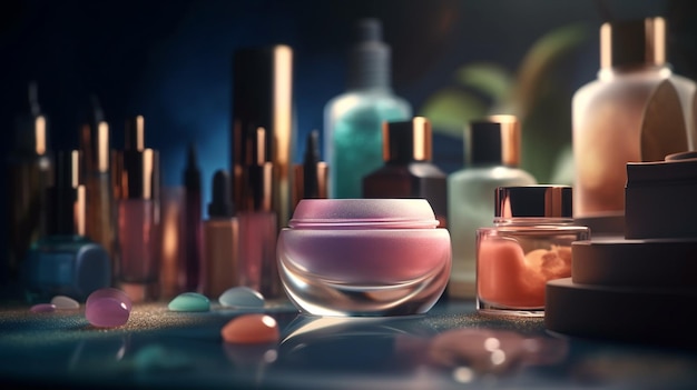 Cosmetic branding girly and glamour concept close up of makeup products on dressing vanity table at homegenerative ai