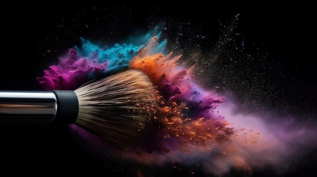 Cosmetic brush in cloud of powder on dark background Generative AI