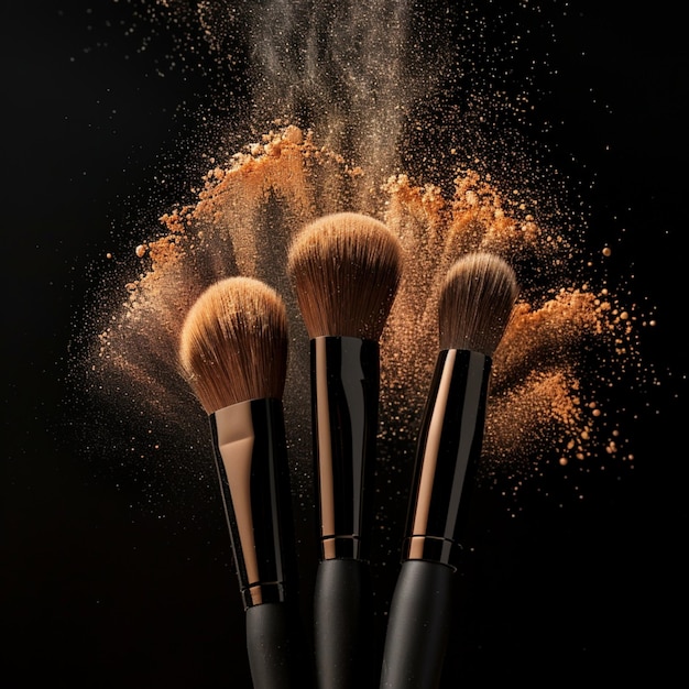 Photo cosmetic brushes creating a vibrant explosion of powder blush on a dramatic black background