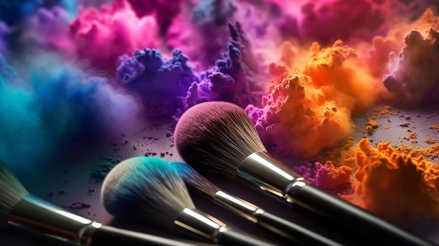 cosmetic brushes and explosion colorful powder AI generative