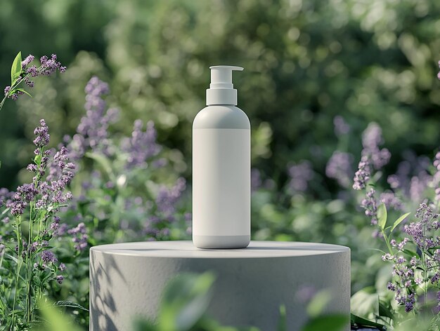 Photo a cosmetic cream bottle podium in outdoor products display podium garden background