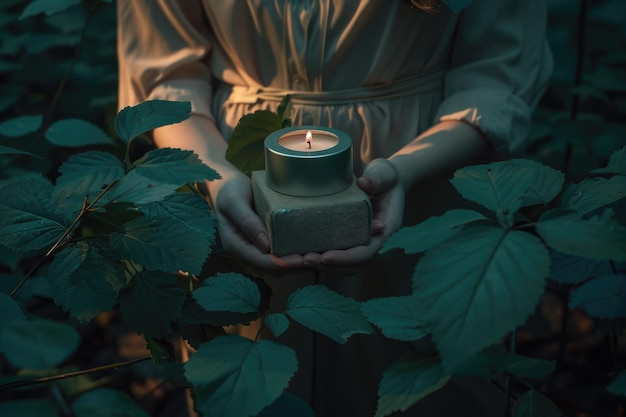 Cosmetic cream container with green herbal leaves in woman hands Toned image