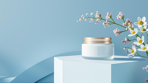 Cosmetic cream in a glass jar on blue backdrop skin care concept background for beauty products