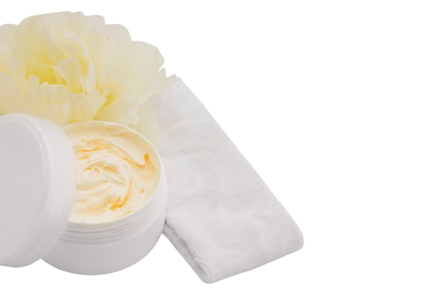 Cosmetic cream headband and yellow flower spa skincare or haircare or bodycare isolated on white