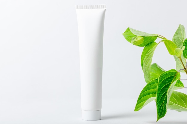 Cosmetic cream for moisturizing and cleansing the face Cream or face mask in white tubes and leaves of natural plants White bottle with empty space