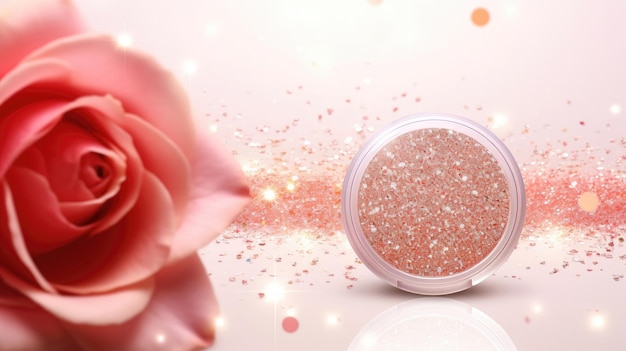 Cosmetic design template on glitter and rose background