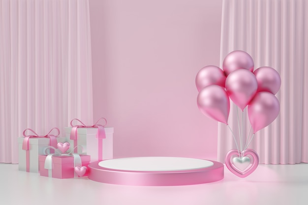 Cosmetic display product stand, Pink white round cylinder podium with balloon and gift box on pink background. 3D rendering illustration.