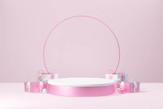 Cosmetic display product stand, Pink white round cylinder podium with circle sphere and gift box on pink background. 3D rendering illustration.