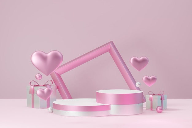 Cosmetic display product stand, Two pink white cylinder block podium with frame heart and gift box on pink background. 3D rendering illustration.