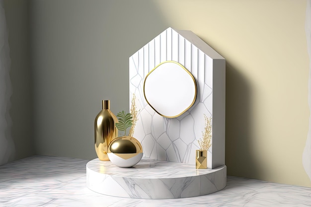 A cosmetic display stand with a decorative marble drop a marble product display podium