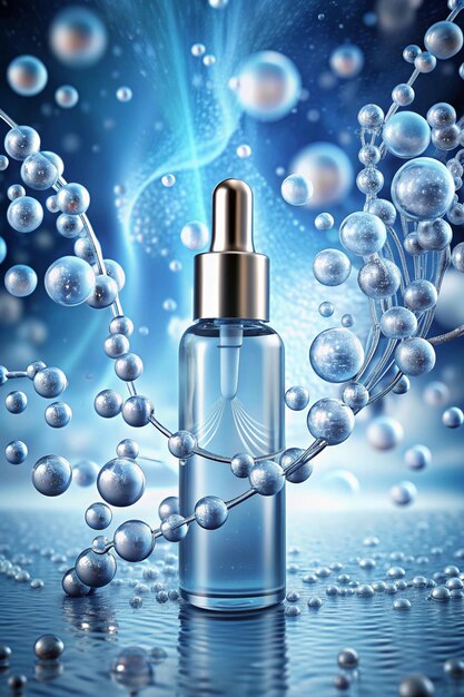 Photo cosmetic essence liquid bubble molecule inside liquid bubble on dna water splash background 3d rendering