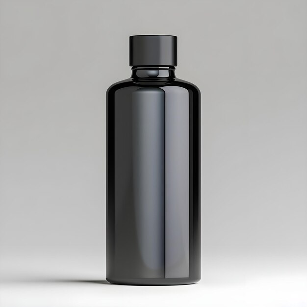 Photo cosmetic glass bottle mock up with a black plain label in the style of moody