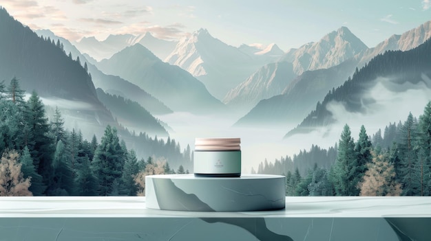 Cosmetic jar displayed against a stunning backdrop of mountain ranges and forests highlighting natural beauty