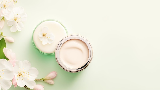 Cosmetic jar with cream on light mint background with blooming sakura with copy space