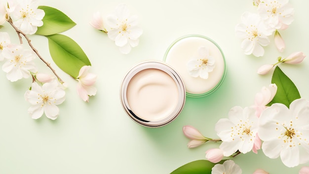 Cosmetic jar with moisturizing cream on light pink background with blooming sakura