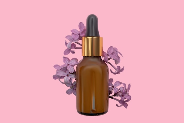 Cosmetic lotion oil with lilac branches On a pink background