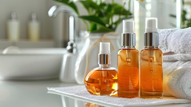 Cosmetic Oil Bottles and Towel on Bath Table