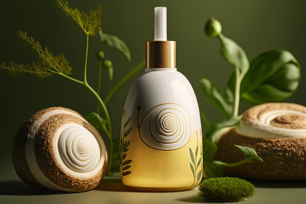 Cosmetic organic bottle and snail shell with mucin supplement beauty skin care illustration Generative AI