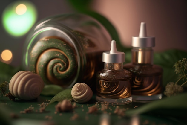 Cosmetic organic bottle and snail shell with mucin supplement beauty skin care illustration Generative AI