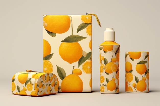 Photo cosmetic packaging mockup with bold citrus patterns