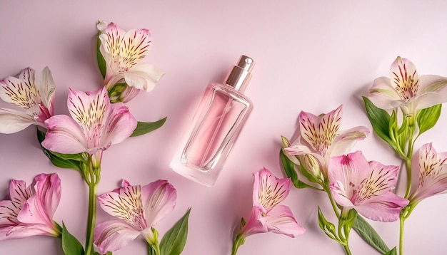 Cosmetic Perfume Product Spray in Glass Bottle with Spring Elements on Pink Background