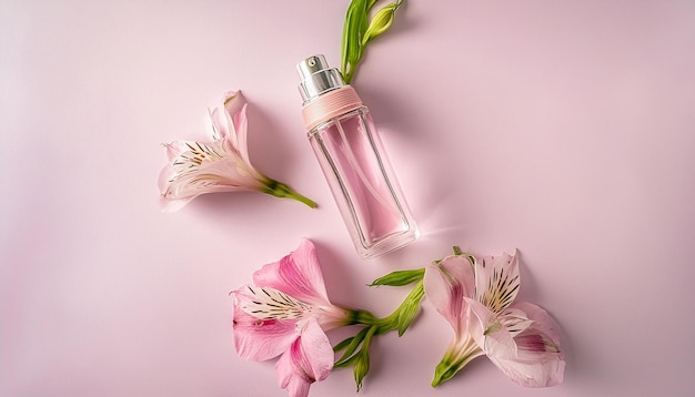 Cosmetic Perfume Product Spray in Glass Bottle with Spring Elements on Pink Background