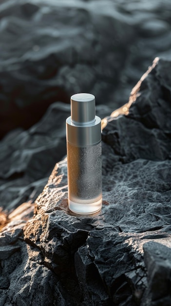 Photo cosmetic product grey bottle mock up on the stone background