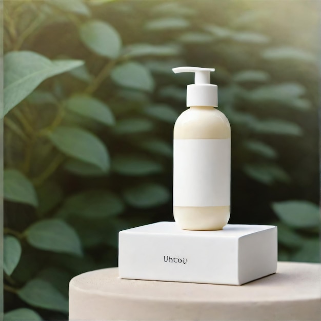 Photo cosmetic product with white label mockup without any text on podium in nature