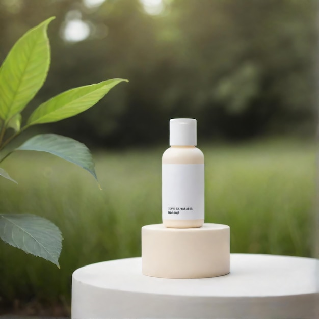 Photo cosmetic product with white label mockup without any text on podium in nature