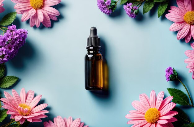 cosmetic products blank essence oil bottle with flowers flatlay composition on blue backdrop