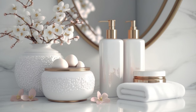 Cosmetic products for body care are displayed beautifully in elegant soft light in a white bathroom interior with a modern style selective focus Generative AI