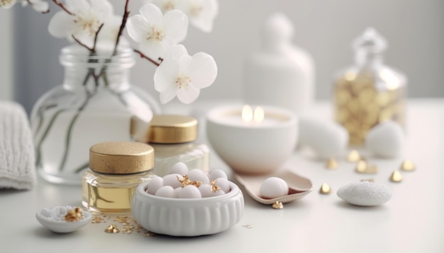 Cosmetic products for body care are displayed beautifully in elegant soft light in a white bathroom interior with a modern style selective focus Generative AI