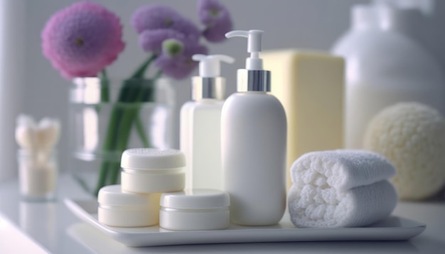 Cosmetic products for body care are displayed beautifully in elegant soft light in a white bathroom interior with a modern style selective focus Generative AI