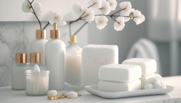 Cosmetic products for body care are displayed beautifully in elegant soft light in a white bathroom interior with a modern style selective focus Generative AI