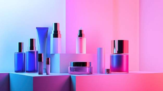 Cosmetic Products Displayed on Pink and Blue Platforms