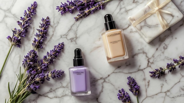 Photo cosmetic products and lavender flowers on a white marble table flat lay