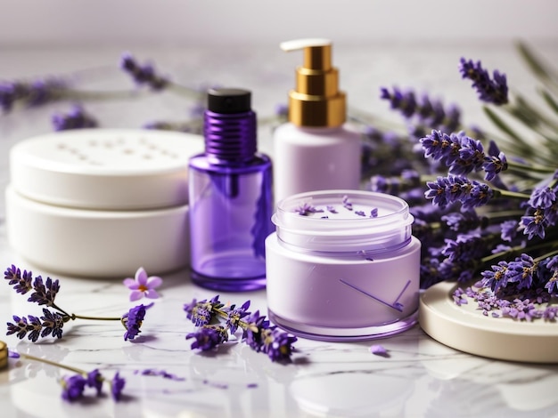 Photo cosmetic products and lavender flowers on white