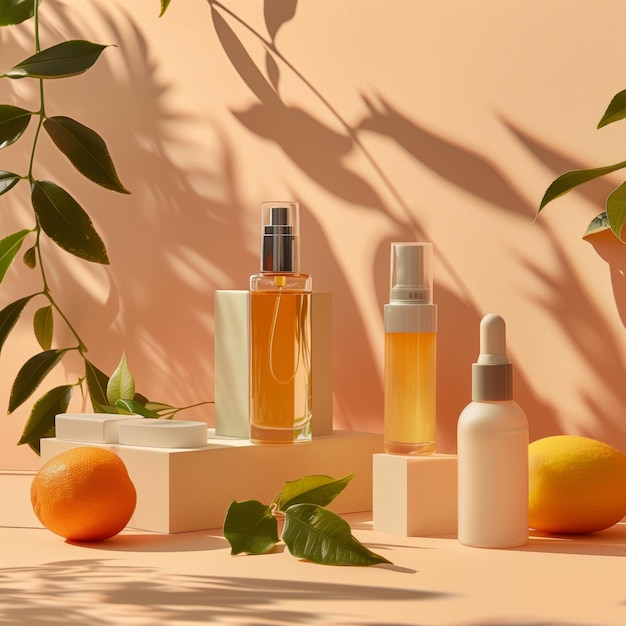 Cosmetic products mockup on table with leaf fruits and leaf Generated by artificial intelligence