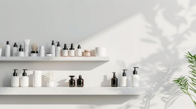 Photo cosmetic products and plants on shelves in front of white wall with greenery for beauty and selfcare setting