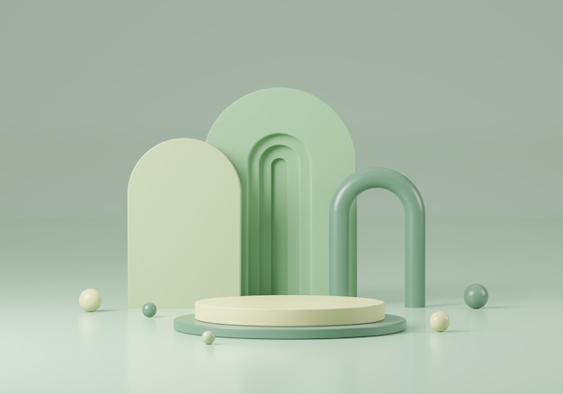 Cosmetic round podium or pedestal with green background Abstract product display podium 3d rendering studio with geometric shapes Cosmetic product minimal scene with platform