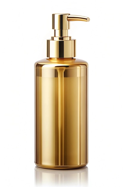 Photo cosmetic or shampoo bottle with dispening pump shiny gold and matte plastic press lotion pump head on white background