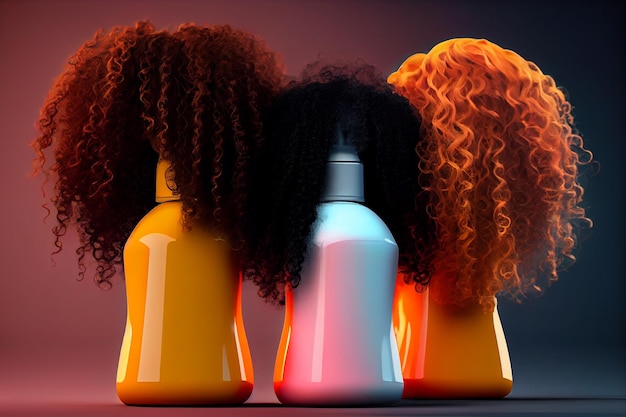 Cosmetic shampoo and gel bottles beauty set with care for thick curly hair illustration Generative AI