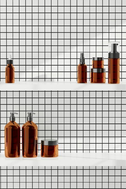 Cosmetic shelf against ceramic tile wall with copy space 3d rendering