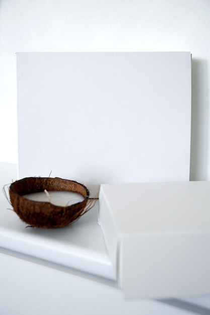 Cosmetic white boxes with coconut Real photo template isolated on light grey