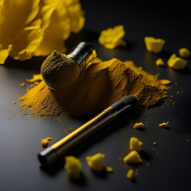 Cosmetic with details yellow powder on dark background